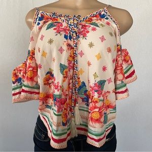 Flying Tomato Sz XS Blouse Women Beige Pullover Cold Shoulder V-Neck Boho Preppy